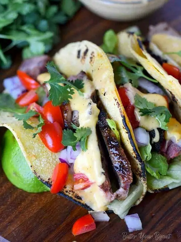 Grilled Steak Tacos with Nacho Cheese Sauce