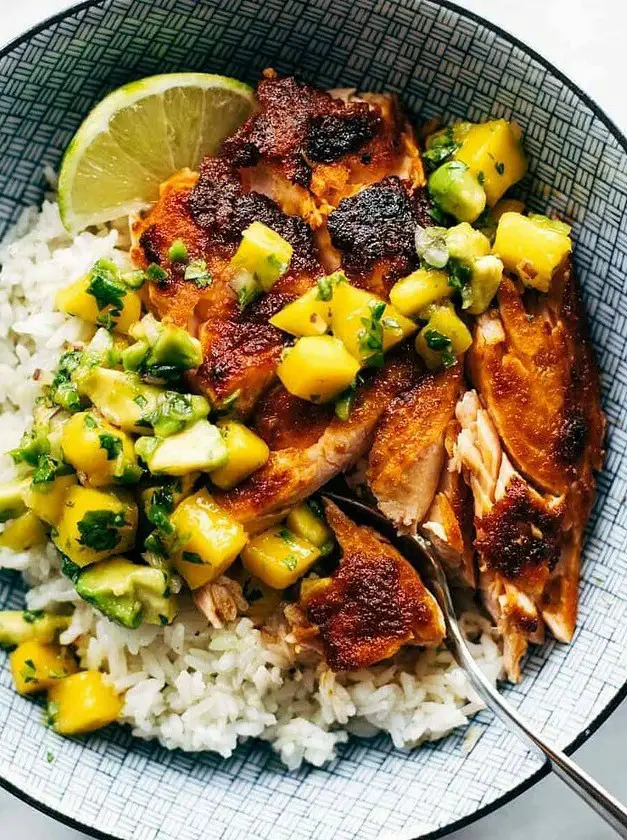 BBQ Salmon Bowls with Mango Avocado Salsa