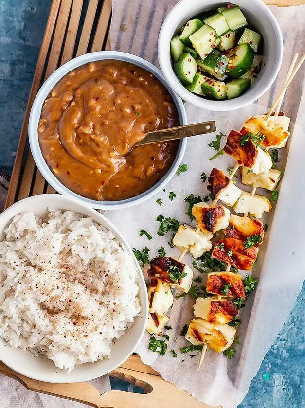 Grilled Halloumi Skewers with Satay Sauce