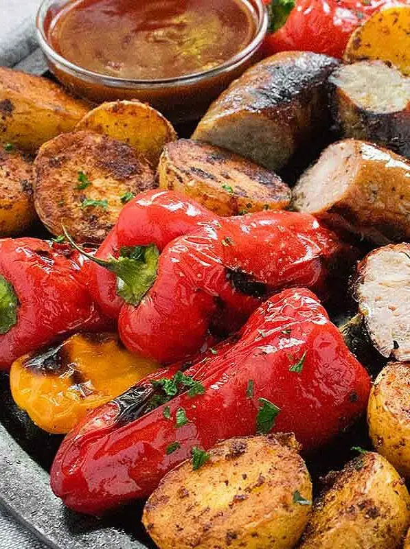 Grilled Sausages, Peppers and Potatoes