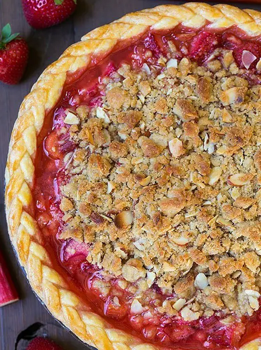 Strawberry Rhubarb Almond Crumble Pie