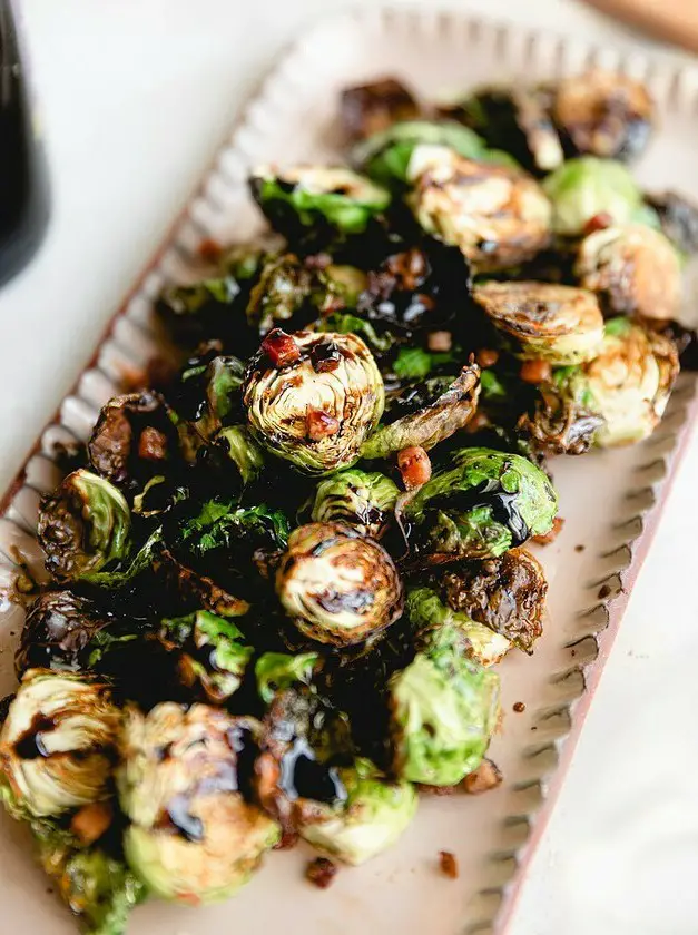 Crispy Air Fried Brussel Sprouts with Bacon and Balsamic