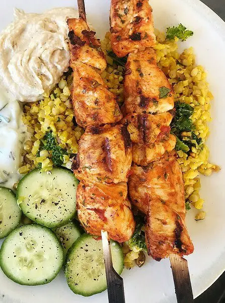 Moroccan Chicken Kebabs with Cauliflower Israeli Cous Cous