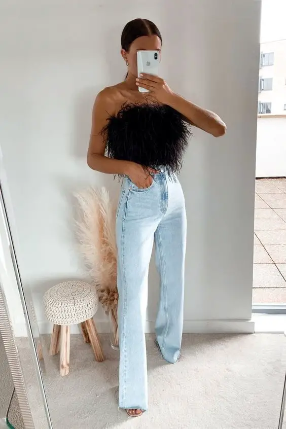 FEATHER BANDEAU TOP + JEANS