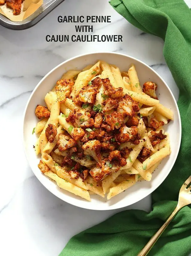 Vegan Garlic Pasta with Roasted Cajun Cauliflower