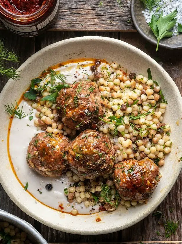 Harissa Meatballs with Fregola and Lemony Yogurt