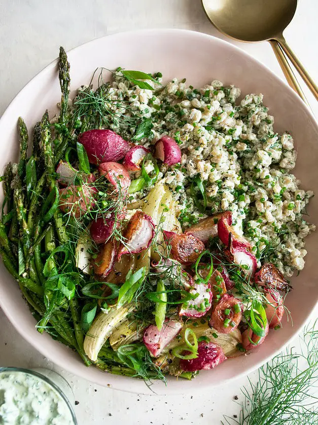 Spring Farro Bowl with Herb Yogurt Sauce