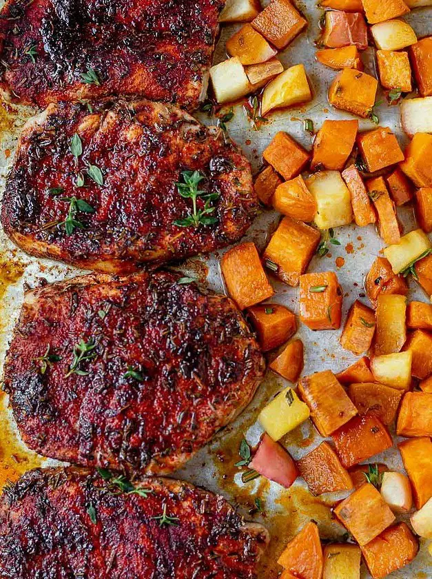 Sheet Pan Pork Chops with Sweet Potatoes and Apples