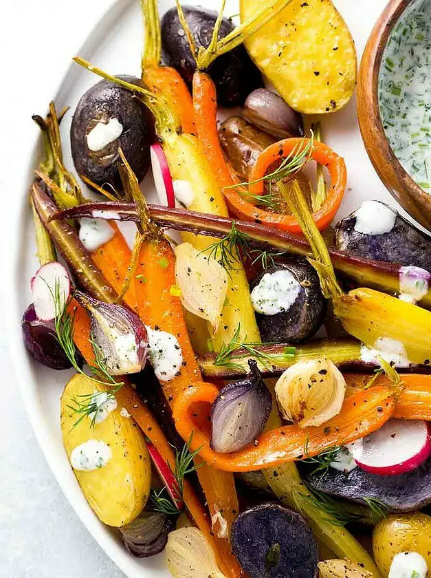 Roasted Root Vegetables with Yogurt Ranch Sauce