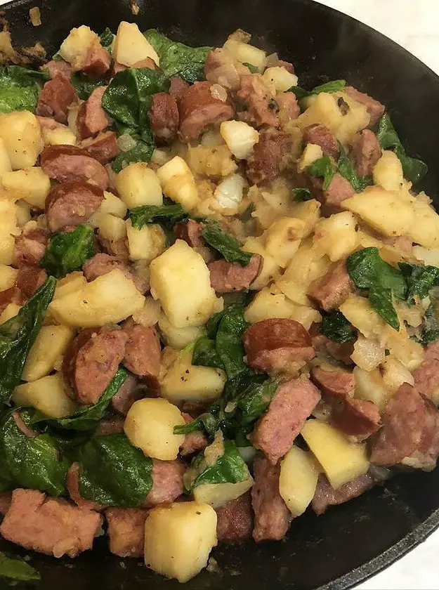 Potato Kielbasa Spinach Skillet Dinner