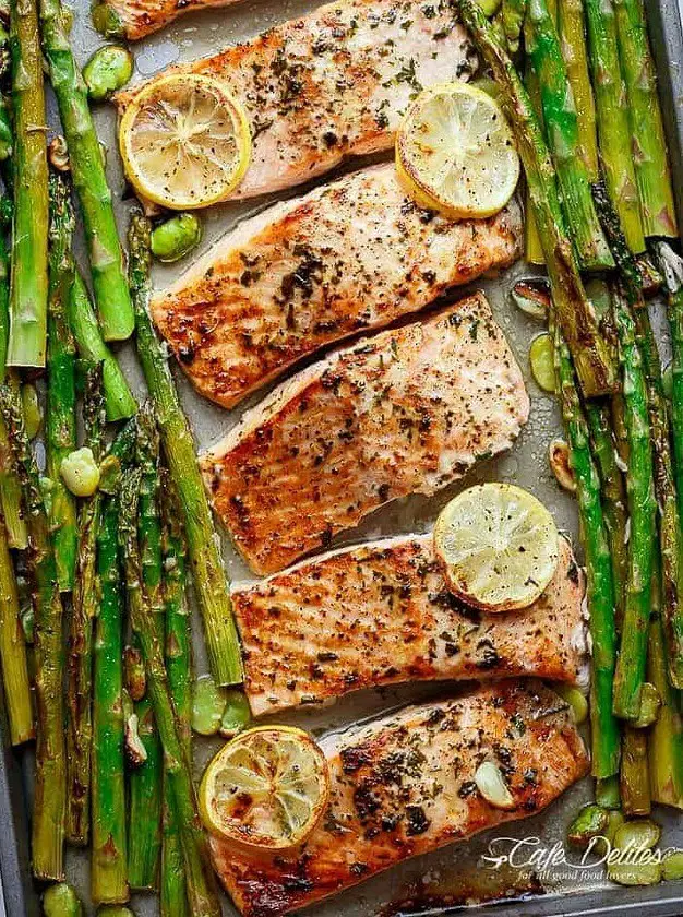 One Pan Lemon Garlic Baked Salmon + Asparagus