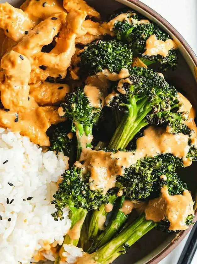 Soy Curls in Creamy Peanut Sauce with Garlicky Broccoli