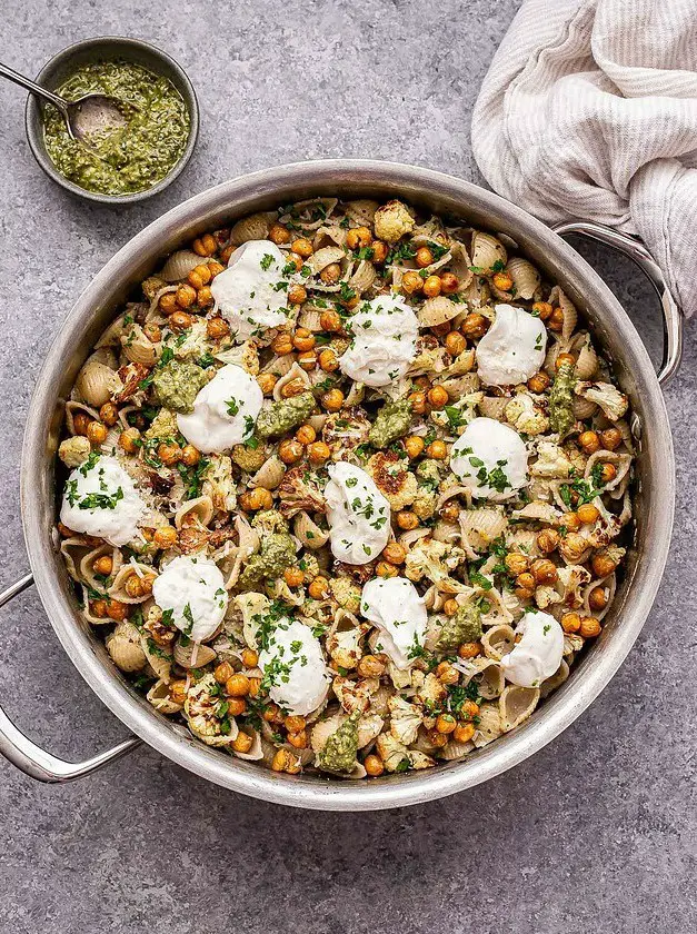 Roasted Cauliflower and Chickpea Pesto Pasta