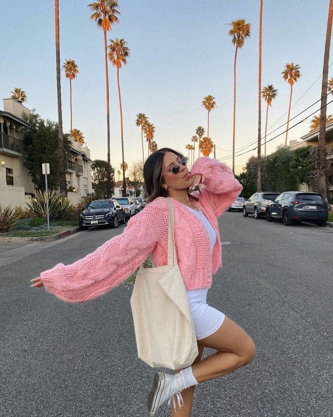 PINK CARDIGAN + WHITE DRESS