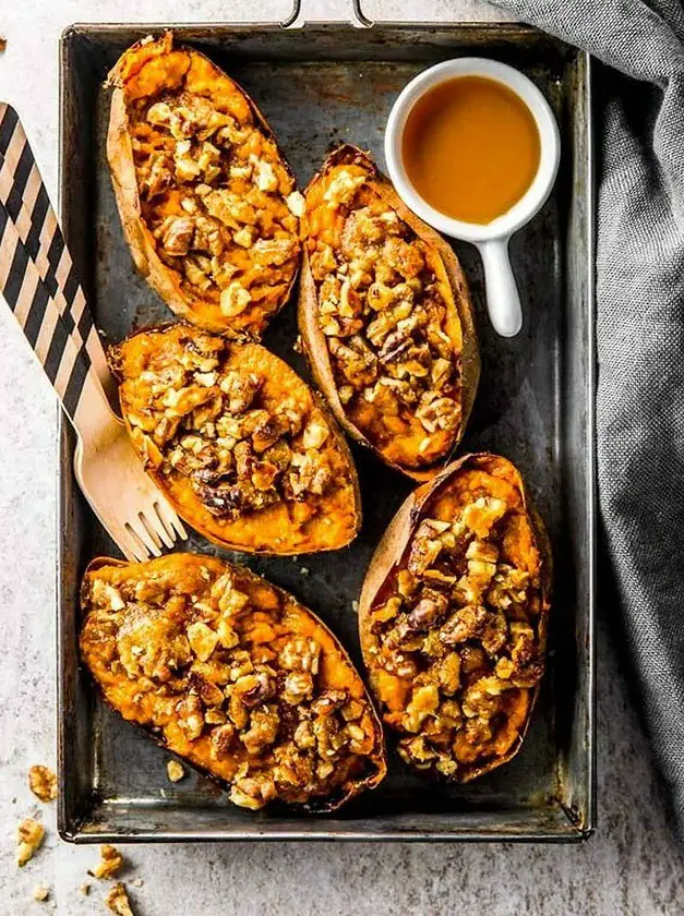 Maple Walnut Twice Baked Sweet Potato Skins