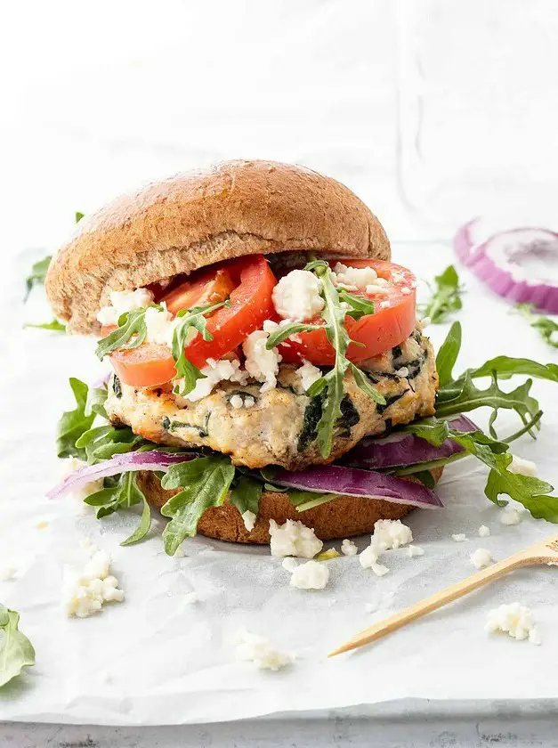 Healthy Ground Chicken Feta Burgers with Spinach