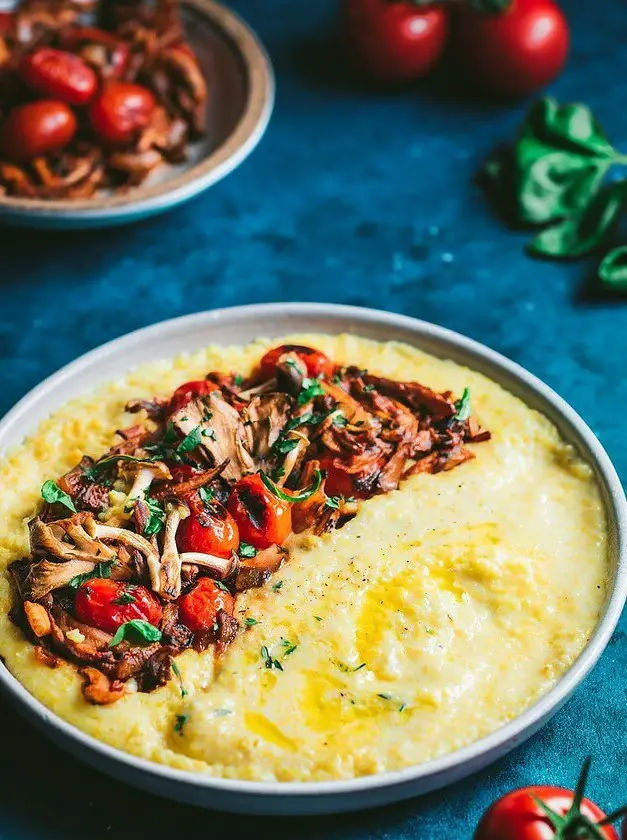 Creamy Vegan Polenta with Wild Mushroom and Tomato Ragu