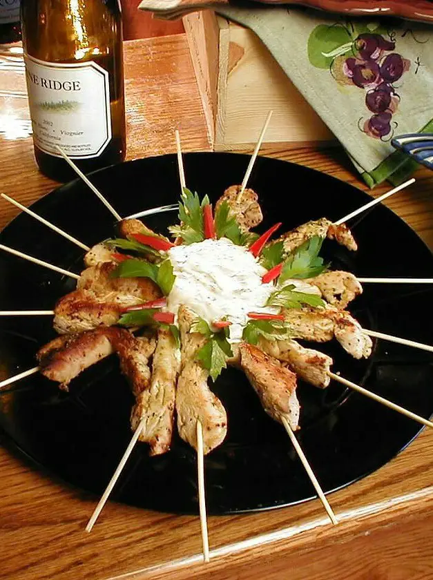 Skewered Pheasant Breast Appetizer with Basil Aioli