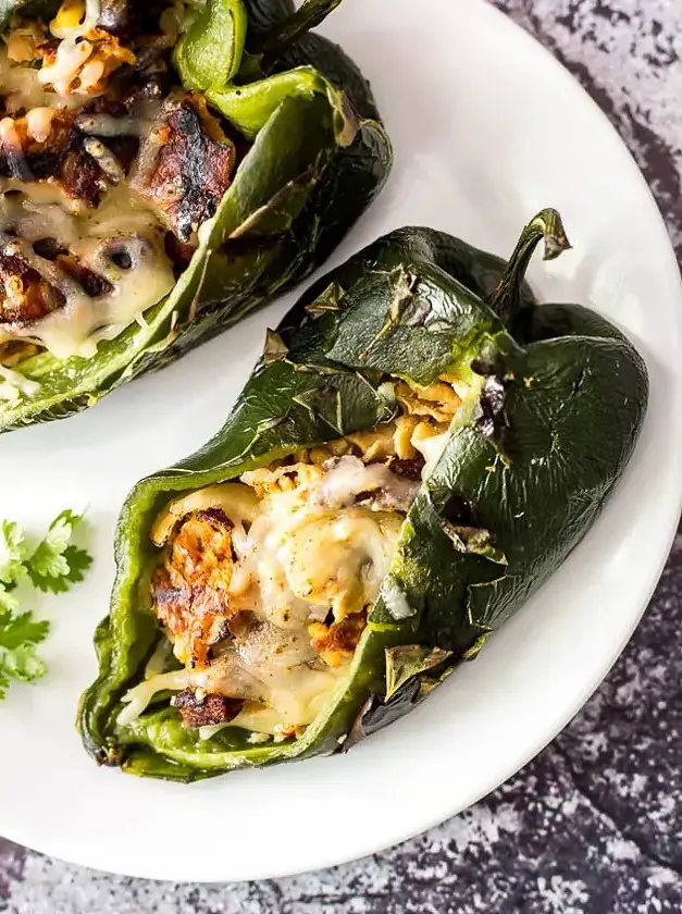 Grilled Vegan Pork Stuffed Poblano Peppers