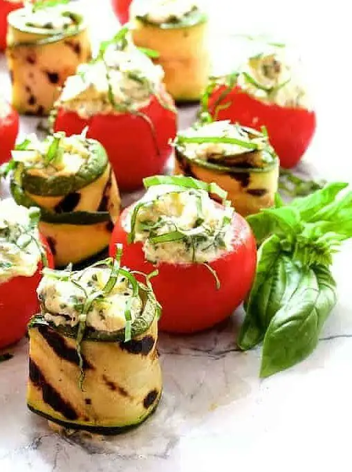 Cheese and Artichoke Stuffed Tomatoes and Grilled Zucchini