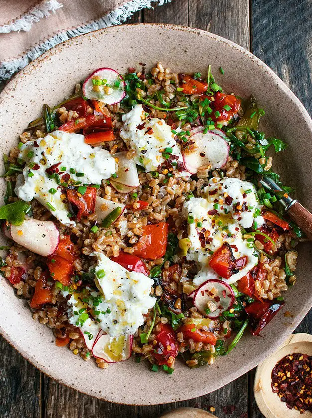 Warm Farro Salad with Burrata & Hot Honey Vinaigrette