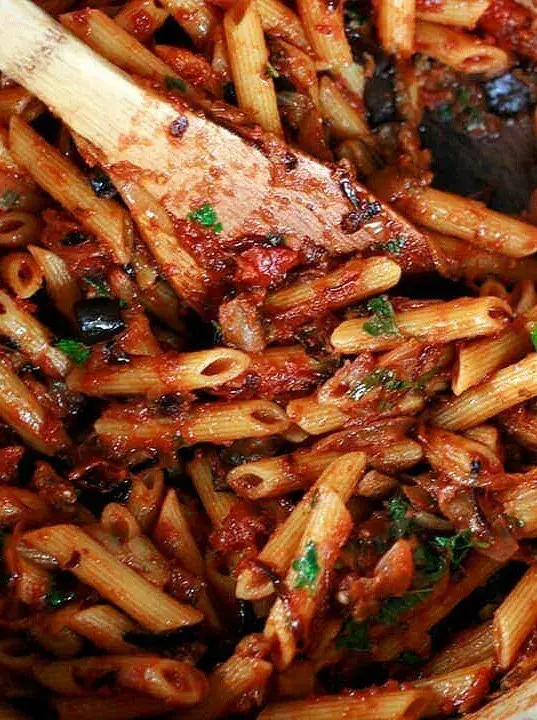 Eggplant, Caramelized Onion and Tomato Pasta