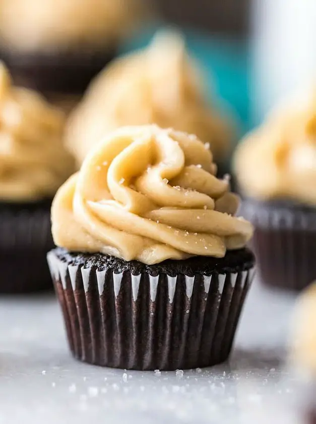 Dark Chocolate Mini Cupcakes with Salted Caramel Frosting