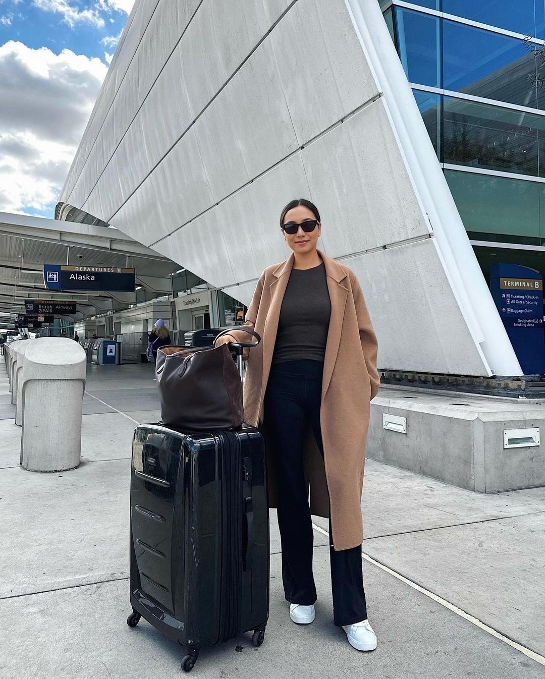 CAMEL COAT + LONG SLEEVE TEE + FLARE PANTS