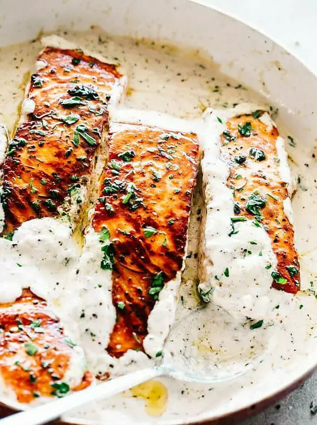 Pan Seared Salmon with Lemon Garlic Cream Sauce