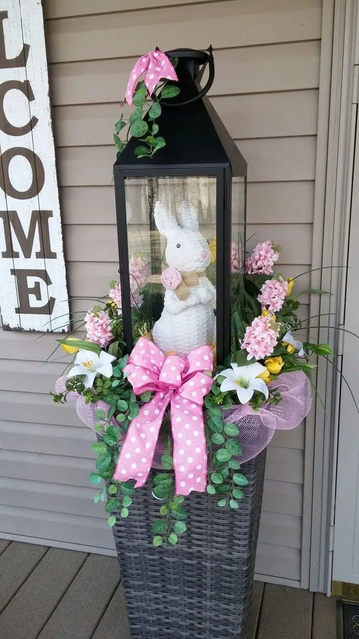 LANTERN WITH BUNNY AND FLORAL ARRANGEMENT