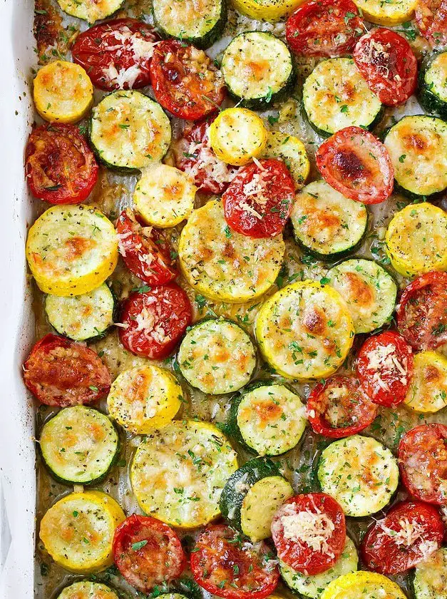 Roasted Garlic-Parmesan Zucchini, Squash and Tomatoes