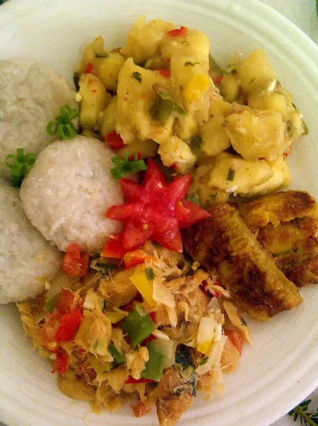 Stewed Saltfish with Spicy Plantains and Coconut Dumplings