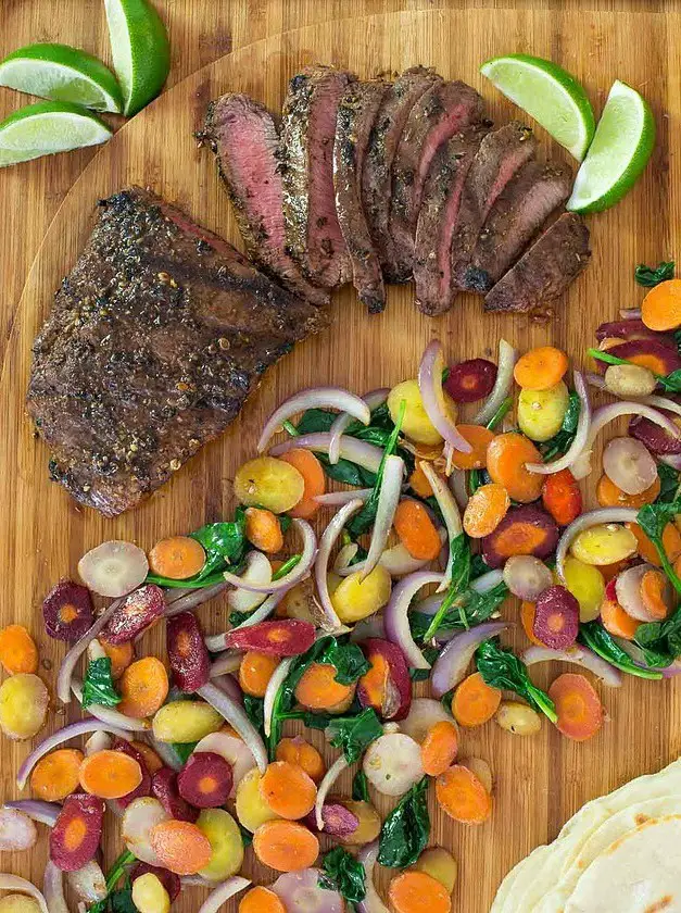 Grilled Mexican Flat Iron Steak with Rainbow Carrots