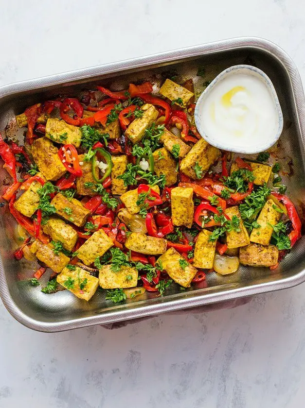 Vegan Keto Sheet Pan Curried Tofu and Veggies Dinner