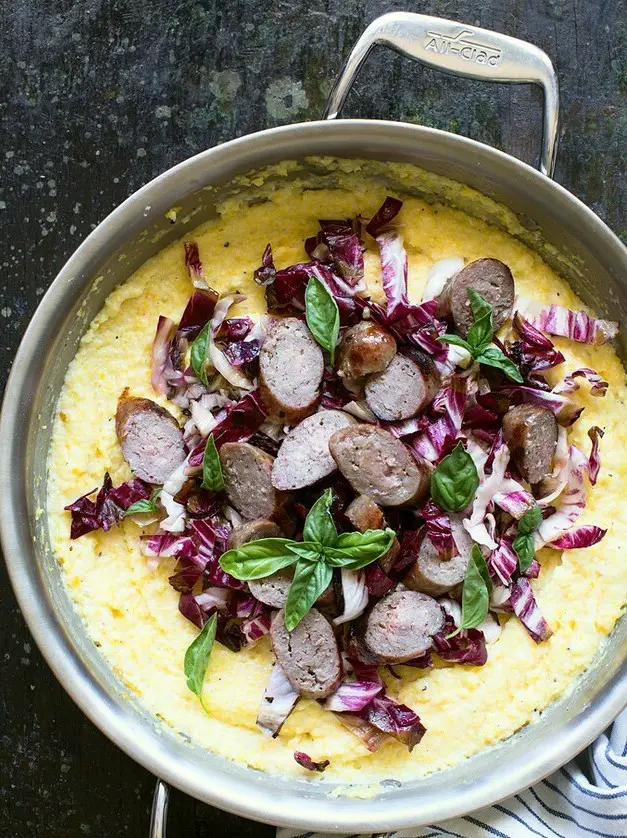 Baked Cheddar Polenta with Grilled Brats and Radicchio