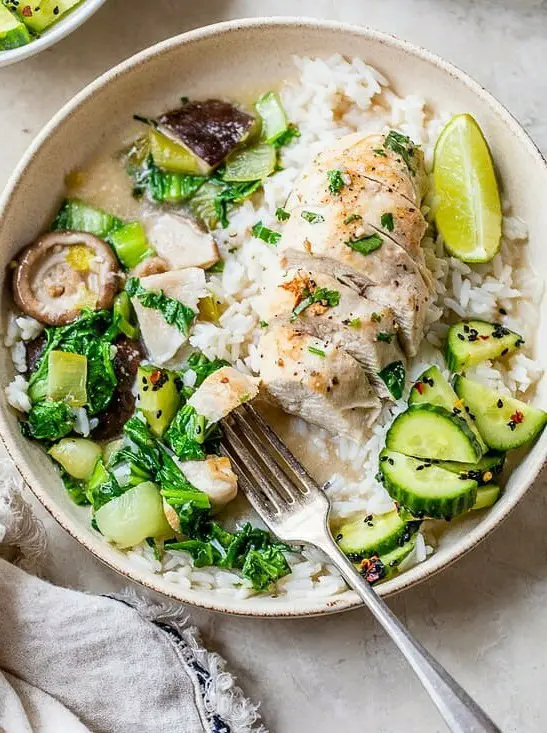 Coconut-Poached Chicken with Bok Choy and Mushrooms