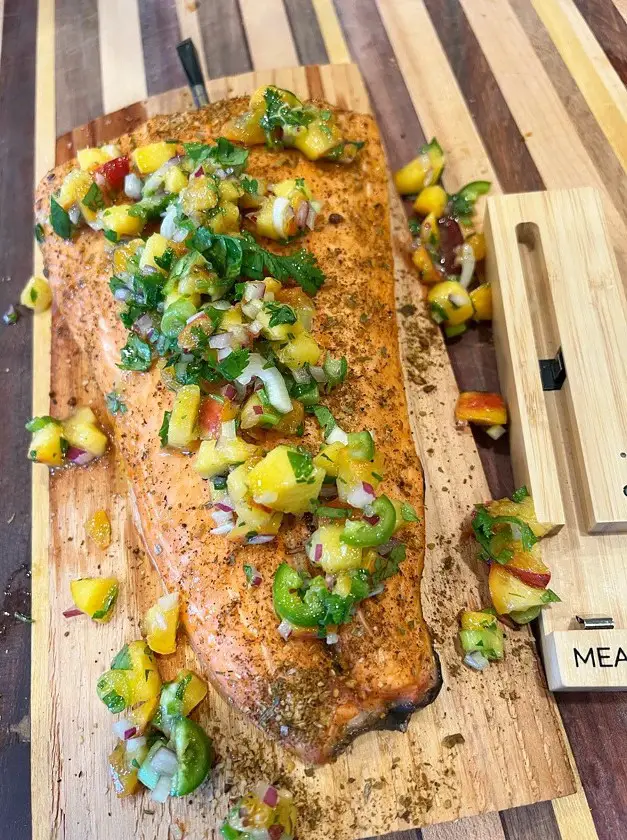 Traeger Grilled Salmon with Peach-Serrano Salsa