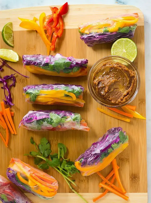 Rainbow Spring Rolls with Ginger Peanut Sauce