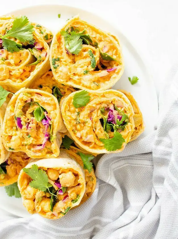 Vegan Buffalo Chickpea Salad Pinwheels