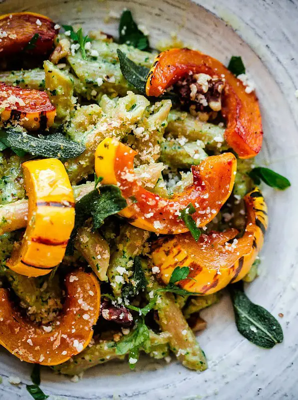 Walnut Sage Pesto Pasta with Roasted Delicata Squash