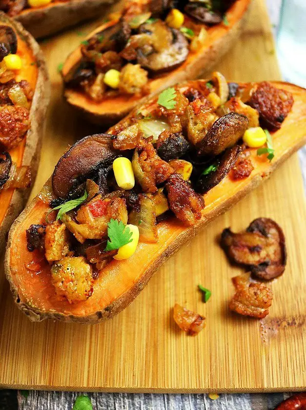 Spicy Veggie Burger Stuffed Sweet Potatoes