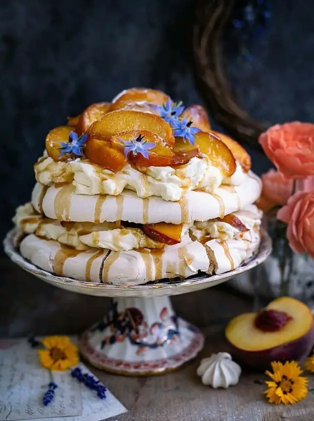 Brown Sugar Layered Pavlova with Caramelised Peaches