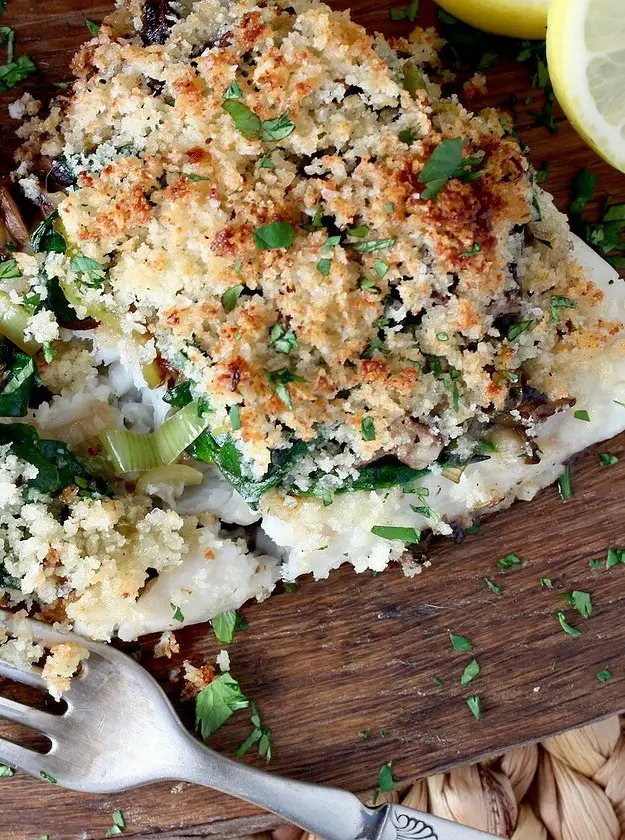 Tripletail Stuffed with Leek, Mushroom & Spinach