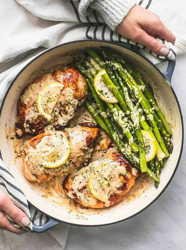 One Pan Creamy Lemon Chicken and Asparagus