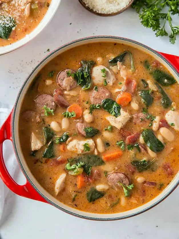 Chicken and Sausage Stew with White Beans and Spinach