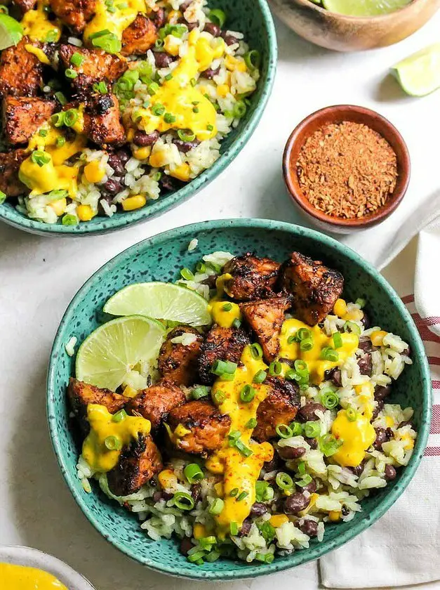 Jerk Tempeh Bowls with Mango-Tahini Sauce