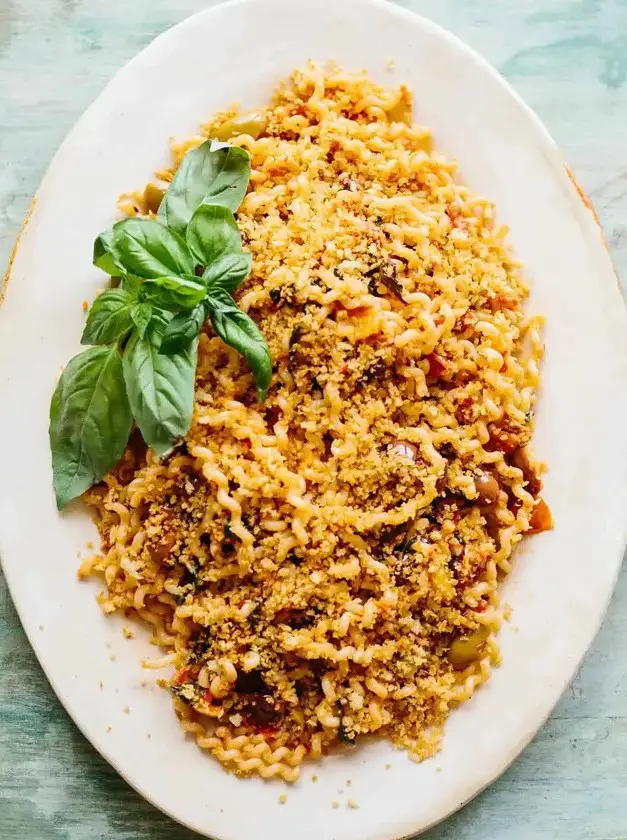 Pasta with Olives, Anchovies, Tomatoes + Breadcrumbs