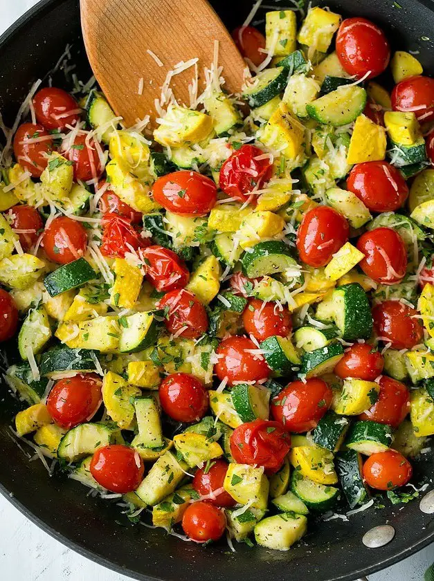 Sauteed Garlic-Parmesan Zucchini Squash and Tomatoes