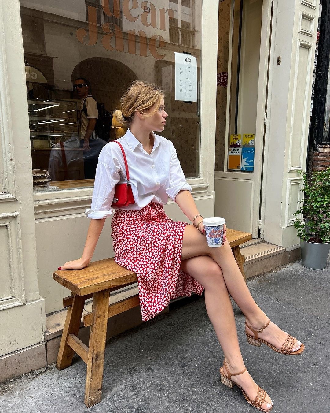 WHITE BUTTON DOWN + RED SKIRT