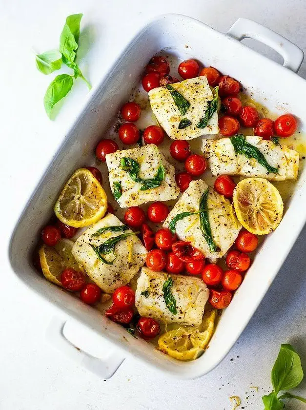 Baked Cod with Burst Tomatoes